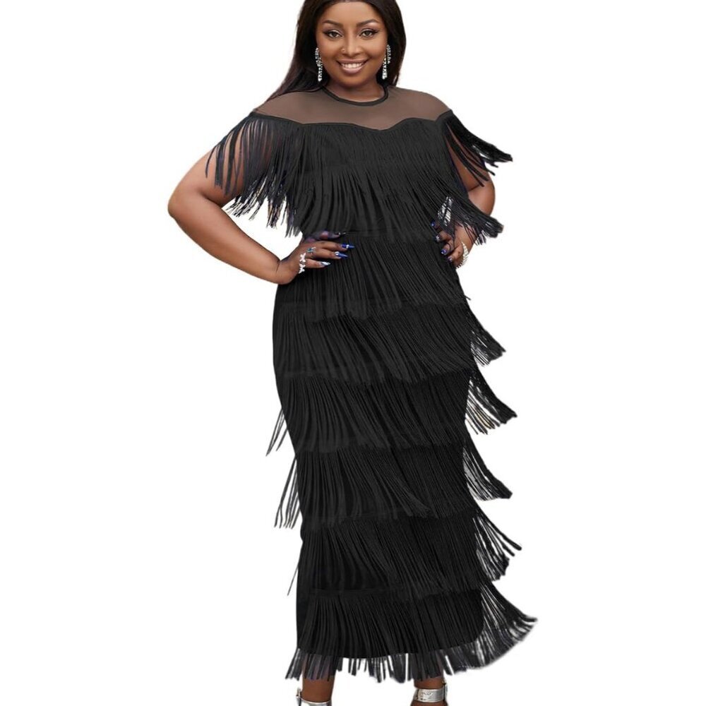 Women's Mesh Dress High Waist Tassel Tiered Fringe Evening Party